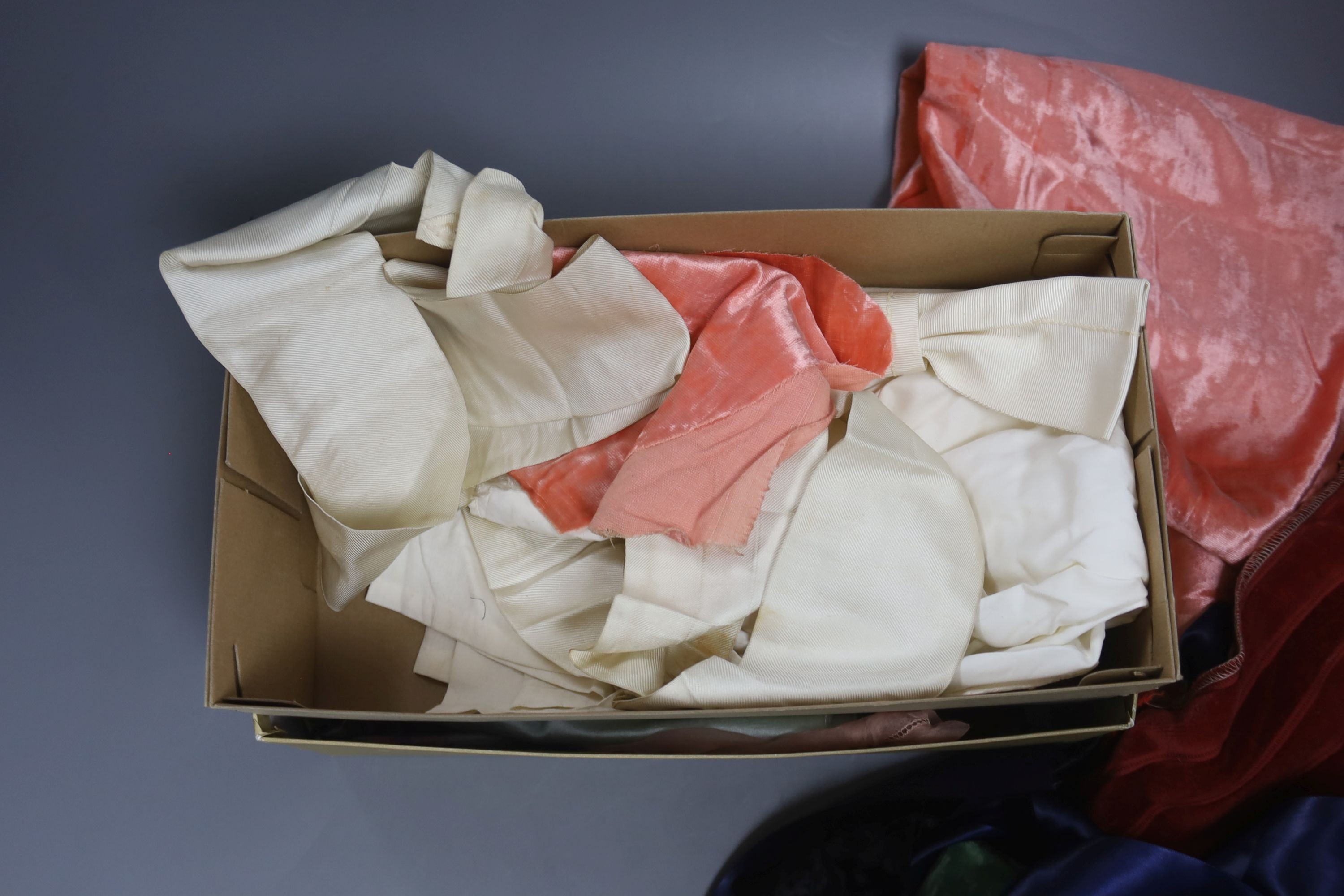A collection of crepe de chine hankies and ribbon fabrics etc